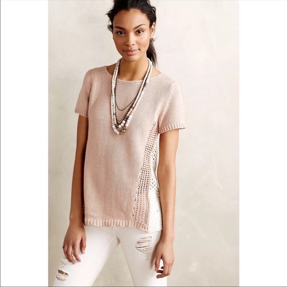 Anthropologie Moth Madeira Eyelet Back Pullover XL Blush Pink Cream